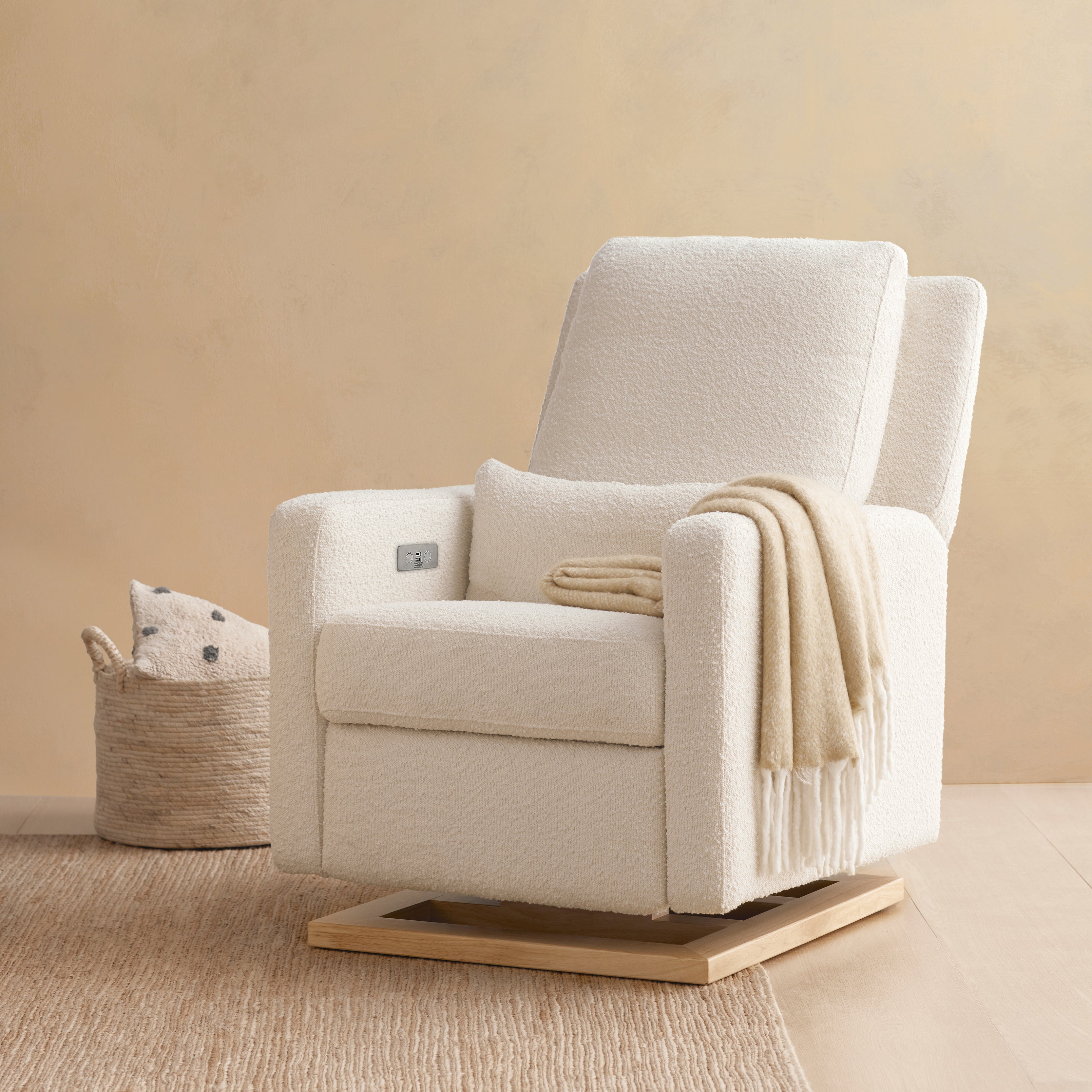 Sigi Electronic Recliner and Glider in Ivory Boucle with Light Wood Base - Twinkle Twinkle Little One