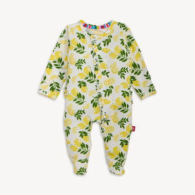 Baby onesie with lemon pattern on a white background