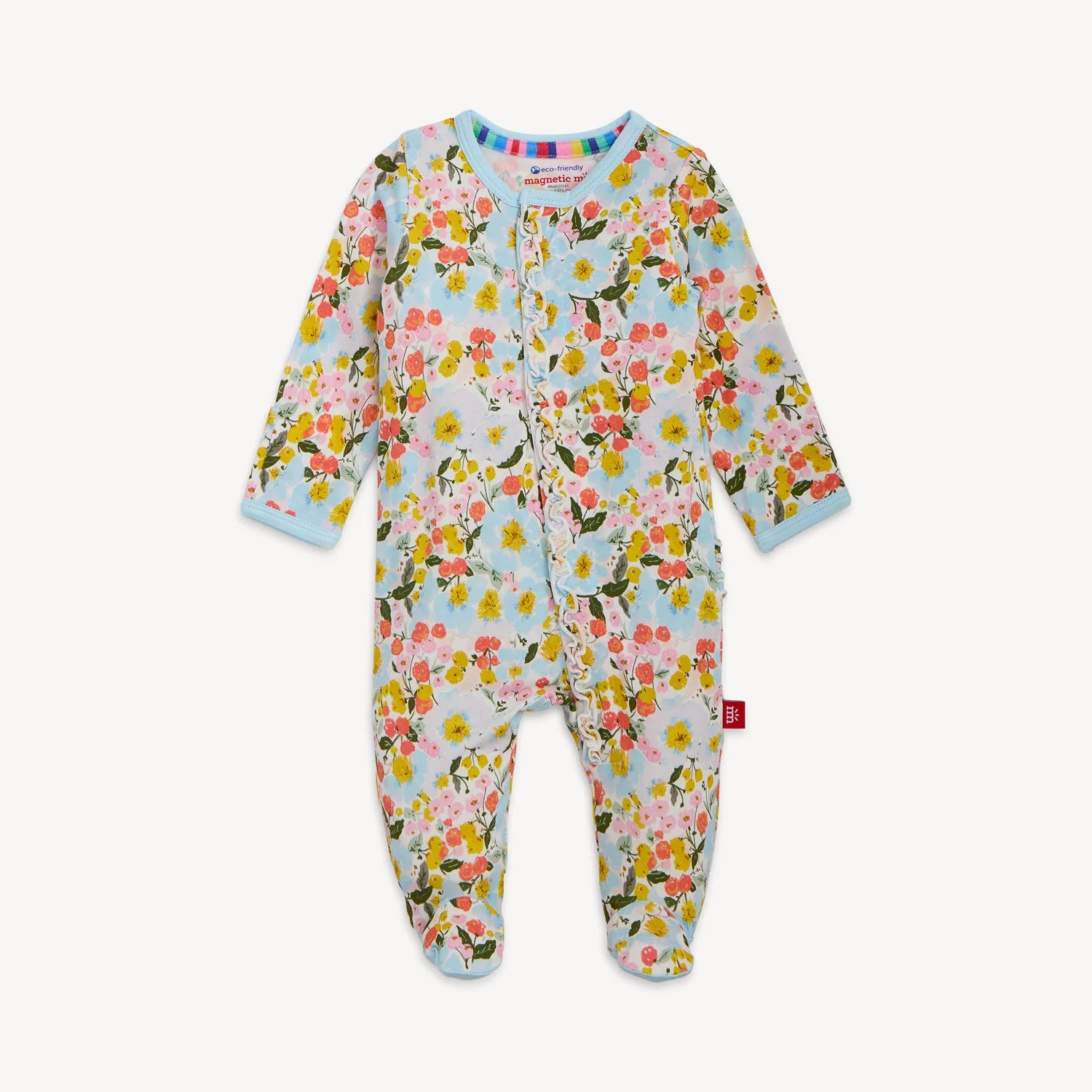 Floral patterned baby onesie on a white background