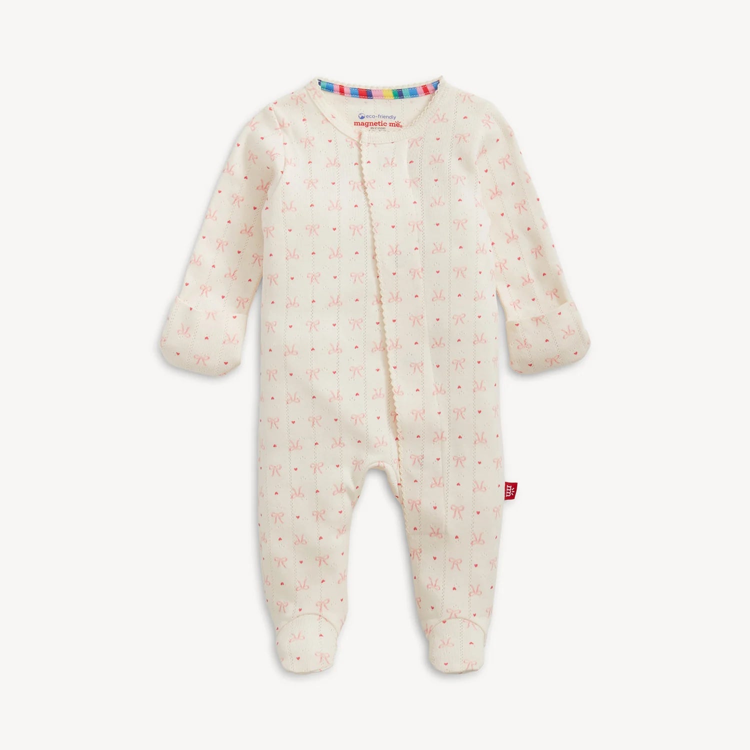 Baby onesie with a bow pattern on a white background