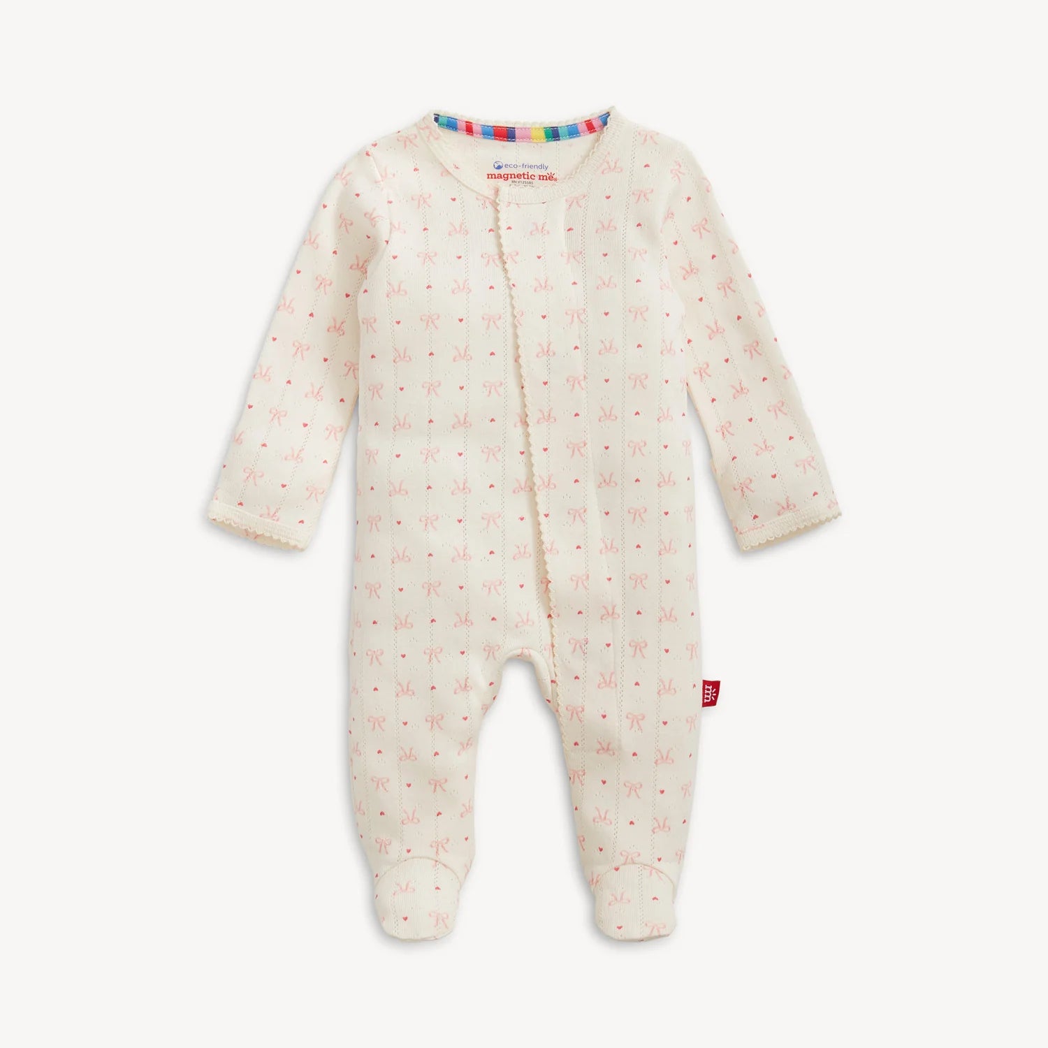 Baby onesie with a bow pattern on a white background