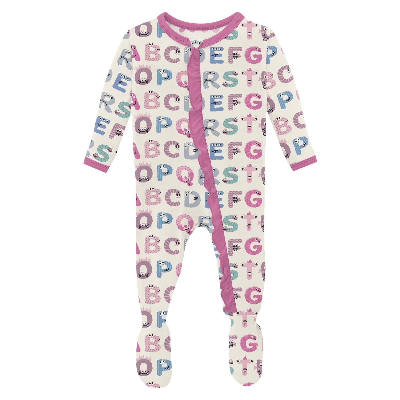 Classic Ruffle Footie with Zipper in Natural ABC Monsters - Twinkle Twinkle Little One
