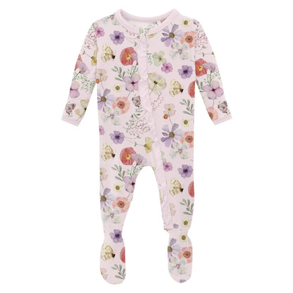 Print Classic Ruffle Footie with Zipper Shrinking Violet Pressed Flowers - Twinkle Twinkle Little One