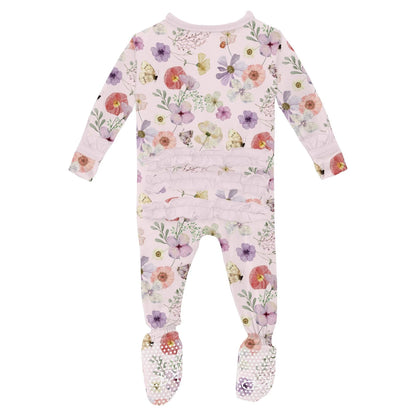 Print Classic Ruffle Footie with Zipper Shrinking Violet Pressed Flowers - Twinkle Twinkle Little One