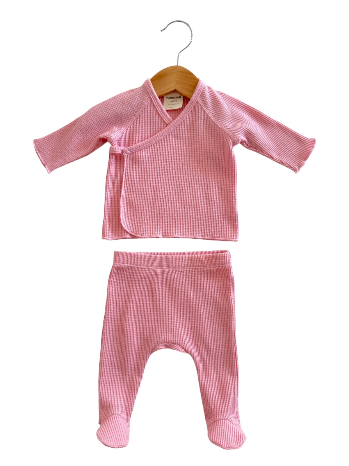 Organic Waffle Kimono Top, Pant & Knot Headband Set-Pink