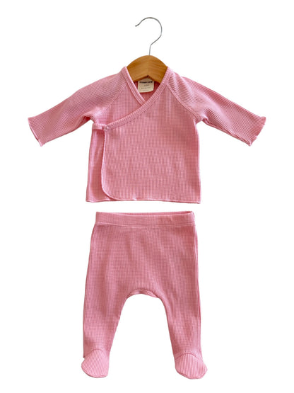 Organic Waffle Kimono Top, Pant & Knot Headband Set-Pink - Twinkle Twinkle Little One