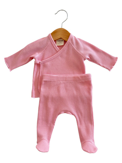 Organic Waffle Kimono Top, Pant & Knot Headband Set-Pink - Twinkle Twinkle Little One