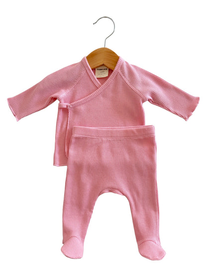Organic Waffle Kimono Top, Pant & Knot Headband Set-Pink - Twinkle Twinkle Little One