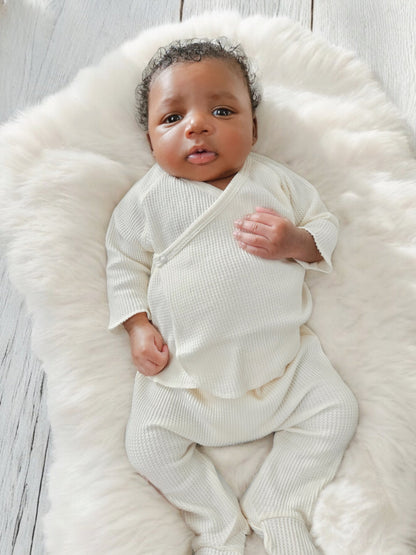Organic Waffle Kimono Top, Pant & Knot Hat Set-Snow - Twinkle Twinkle Little One