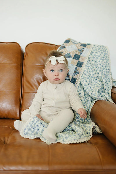 Patchwork Print + Blue Blossom Lace Muslin Quilt