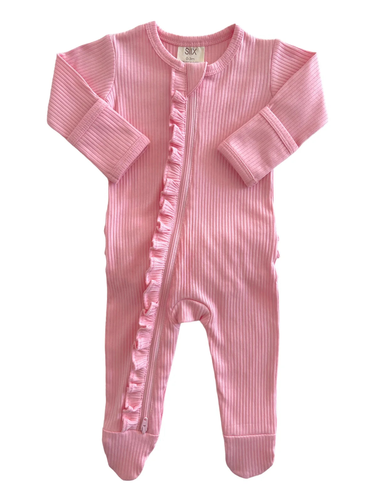 Pink Organic Ribbed Frill Zip Footie