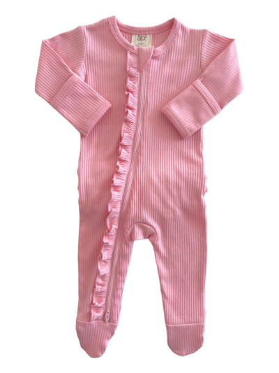 Pink Organic Ribbed Frill Zip Footie - Twinkle Twinkle Little One