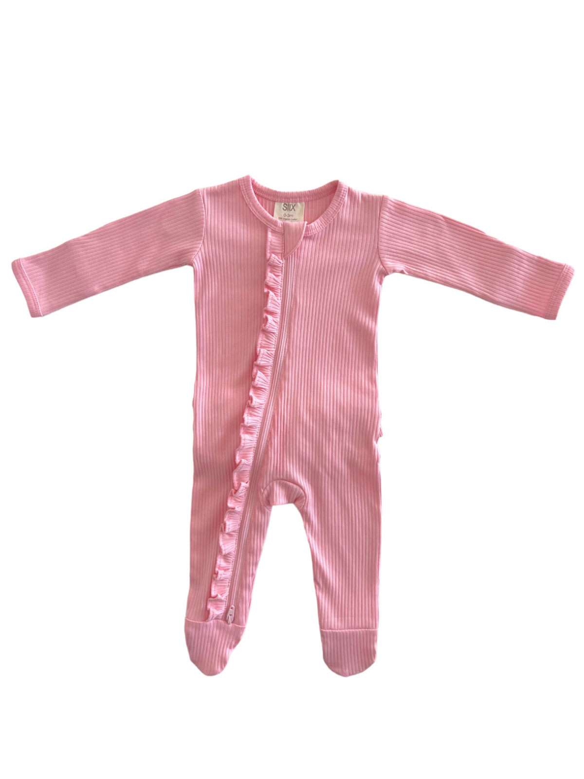 Pink Organic Ribbed Frill Zip Footie - 0