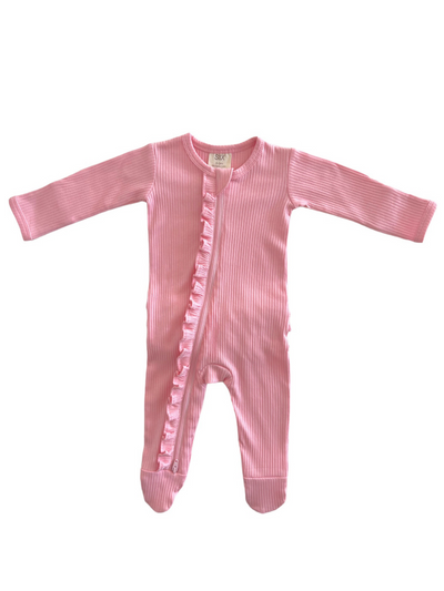 Pink Organic Ribbed Frill Zip Footie - Twinkle Twinkle Little One