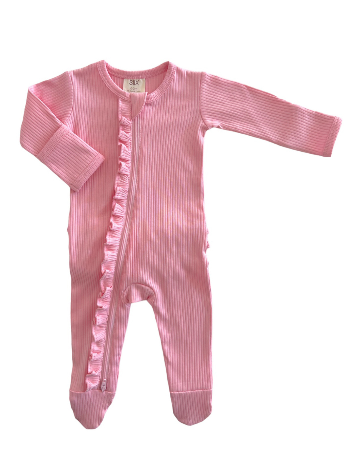 Pink Organic Ribbed Frill Zip Footie