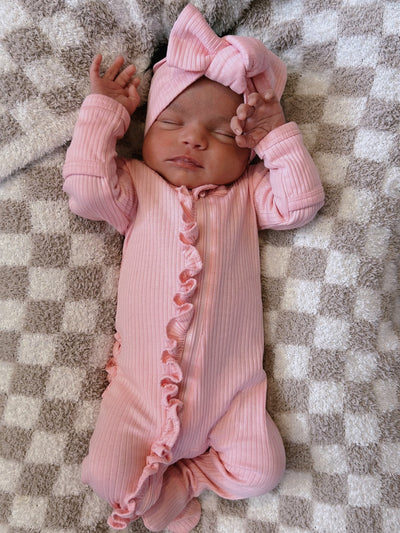 Pink Organic Ribbed Frill Zip Footie - Twinkle Twinkle Little One