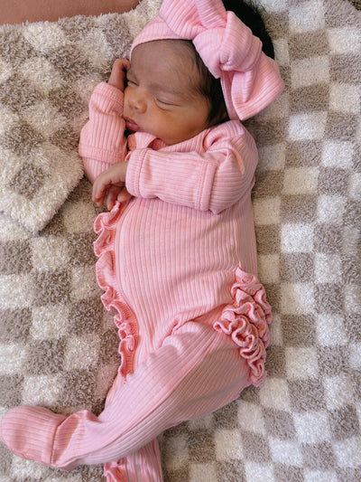 Pink Organic Ribbed Frill Zip Footie - Twinkle Twinkle Little One