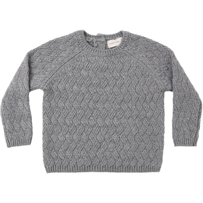 A gray cable-knit crewneck sweater with long sleeves, laid flat against a white background.