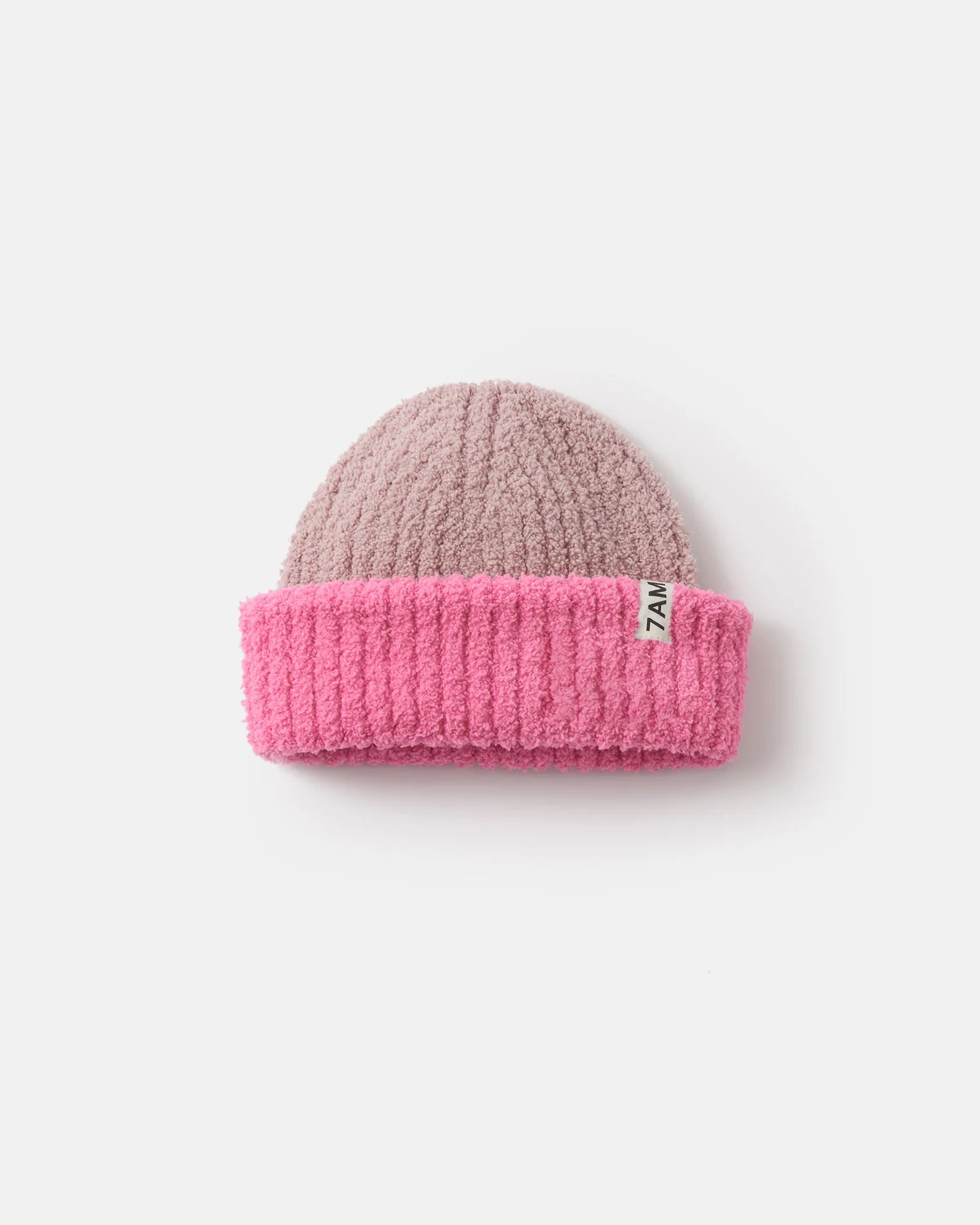 7 A.M. Fuzzy 2-Tone Ribbed Beanie - Vivid Pink Ash Rose