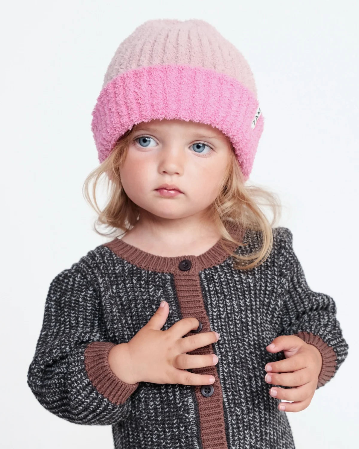 7 A.M. Fuzzy 2-Tone Ribbed Beanie - Vivid Pink Ash Rose - 0