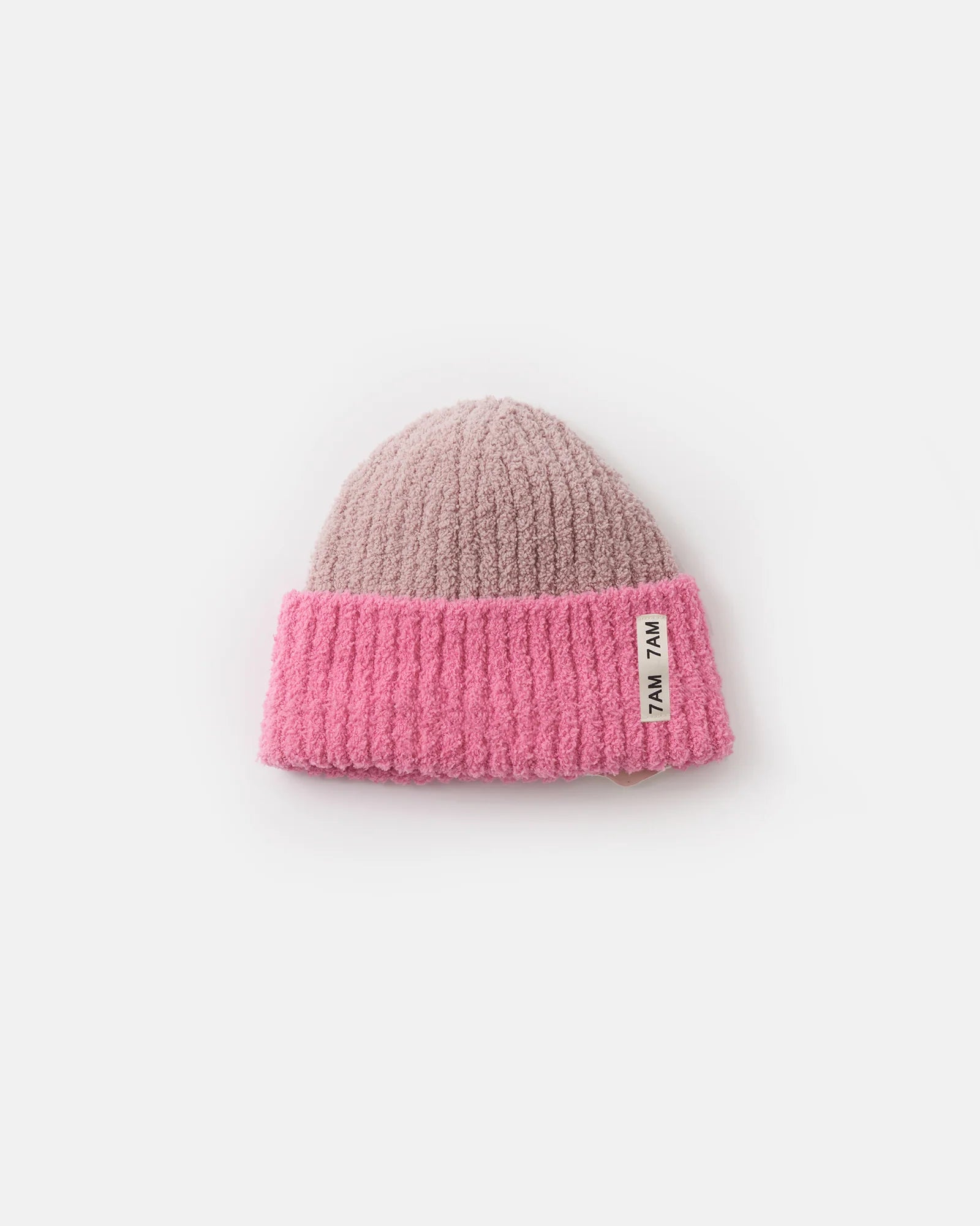 7 A.M. Fuzzy 2-Tone Ribbed Beanie - Vivid Pink Ash Rose