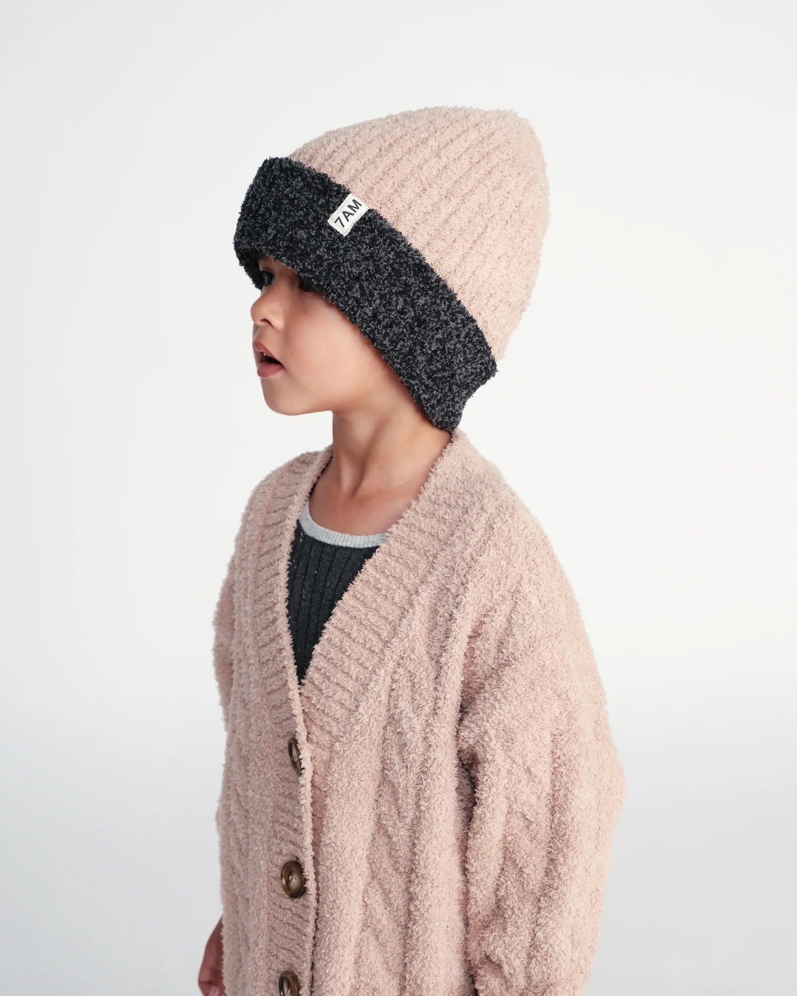 7 A.M. Fuzzy 2-Tone Ribbed Beanie -Melange Black Pecan - 0