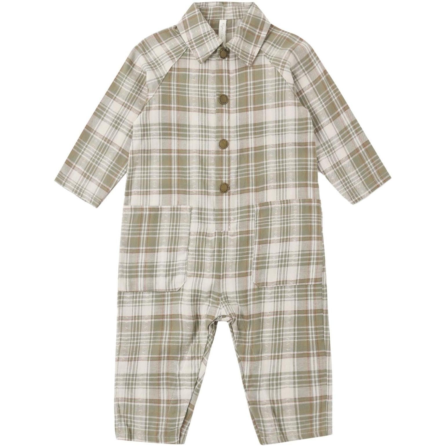 Rylee + Cru Collared Baby Jumpsuit || Olive Dobby Plaid