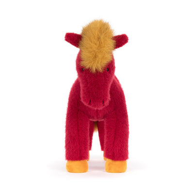 Red plush horse with yellow mane and hooves on a white background