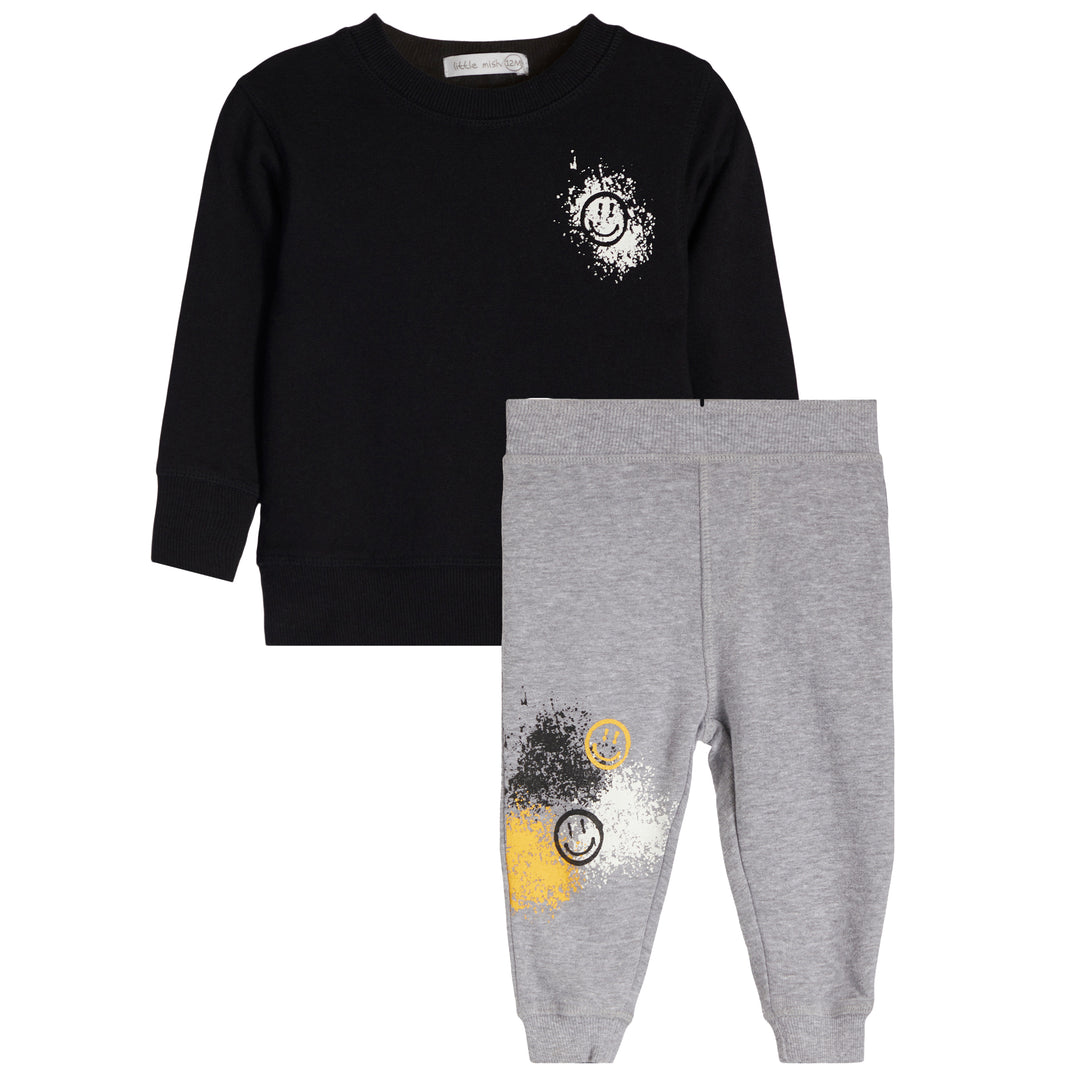 Happy Graffiti Long Sleeve Tee & Pant Set - Black