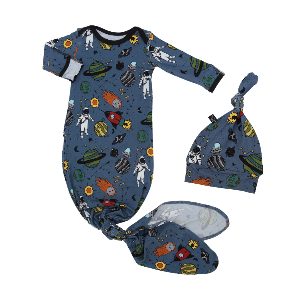 Stormy Space Doodle Bamboo Knotted Newborn Gown + Hat Set - Twinkle Twinkle Little One