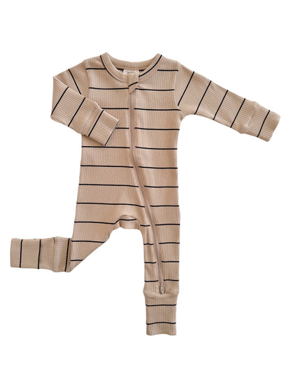 Tan & Black Stripe Organic Ribbed 2-Way Zip Romper - Twinkle Twinkle Little One