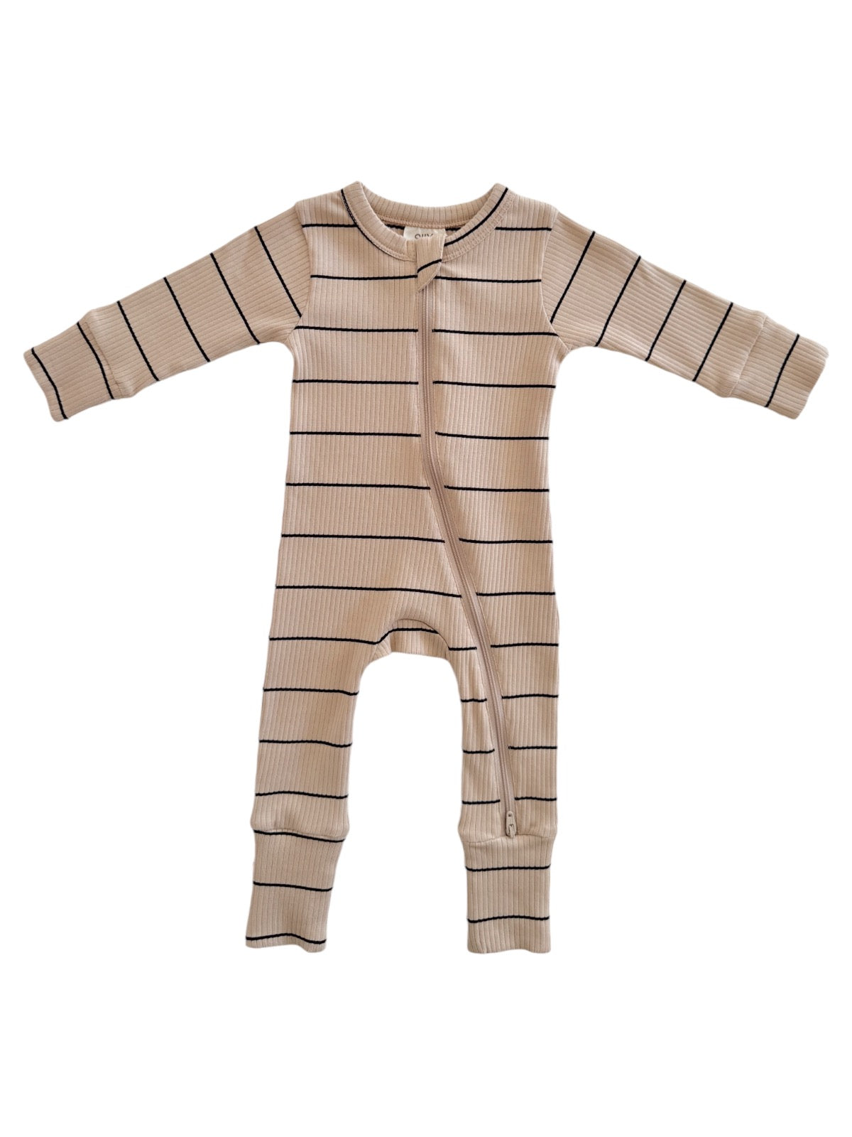 Tan & Black Stripe Organic Ribbed 2-Way Zip Romper - 0