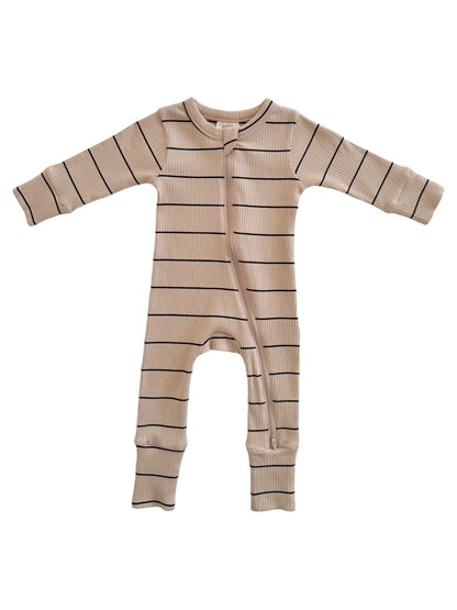 Tan & Black Stripe Organic Ribbed 2-Way Zip Romper - Twinkle Twinkle Little One