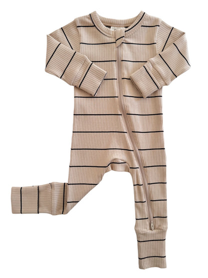 Tan & Black Stripe Organic Ribbed 2-Way Zip Romper - Twinkle Twinkle Little One