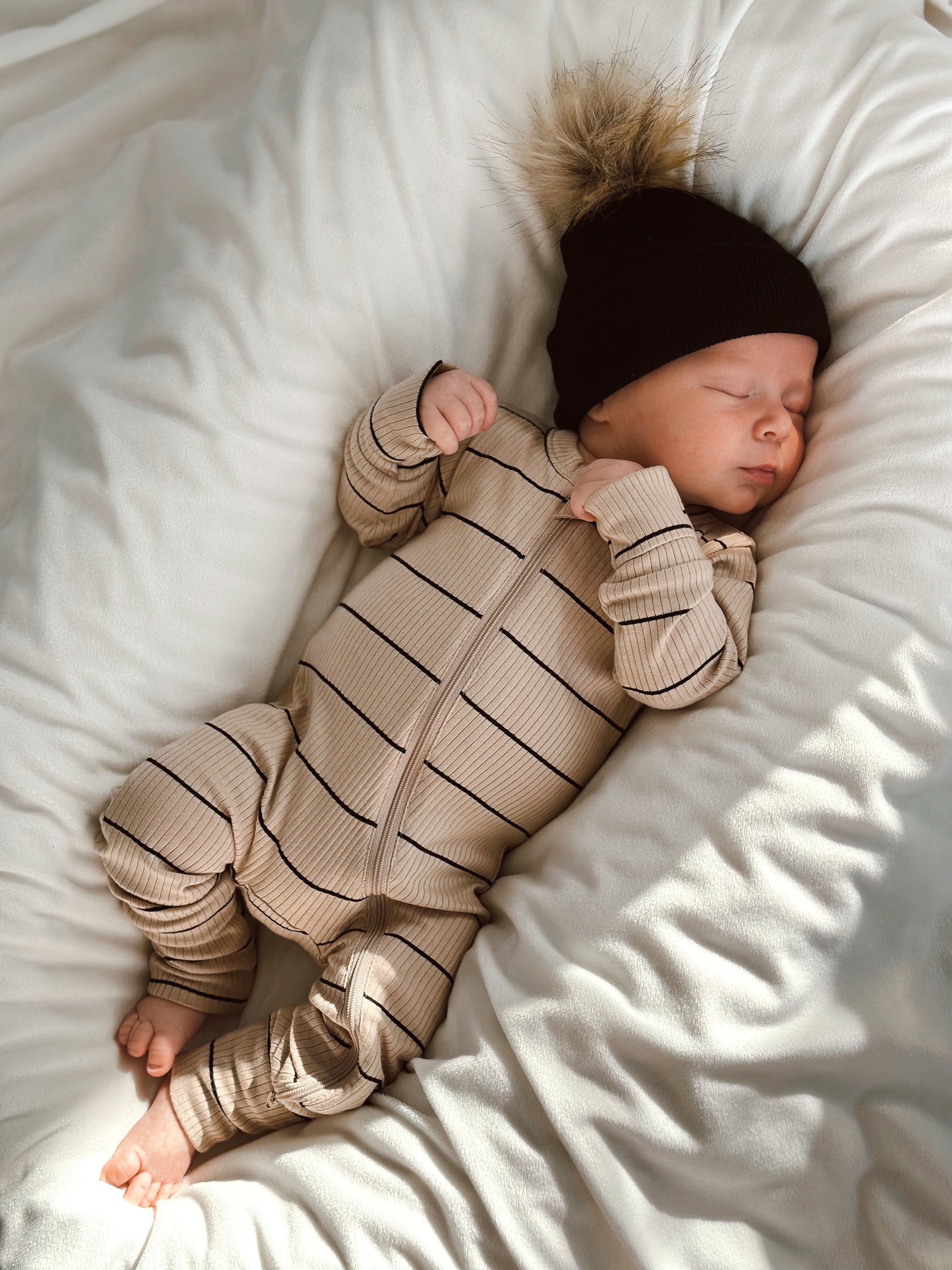 Tan & Black Stripe Organic Ribbed 2-Way Zip Romper