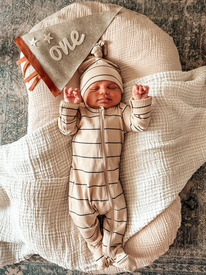 Tan & Black Stripe Organic Ribbed Footie - Twinkle Twinkle Little One