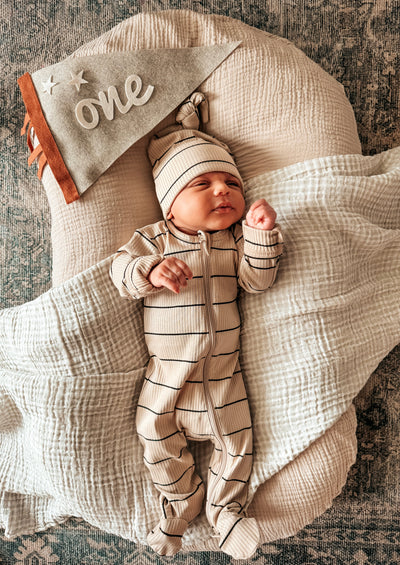 Tan & Black Stripe Organic Ribbed Footie - Twinkle Twinkle Little One