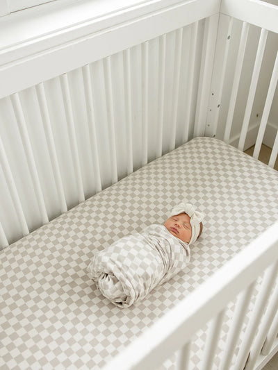 Taupe Checkered Bamboo Stretch Crib Sheet