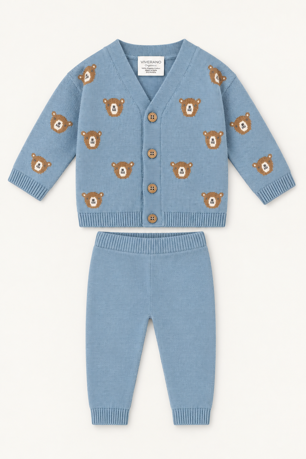 Bear Jacquard Knit Cardigan & Legging Set (Organic Cotton) - Mineral Blue