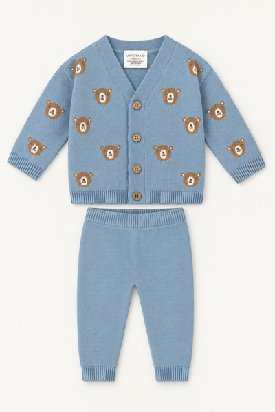 Bear Jacquard Knit Cardigan & Legging Set (Organic Cotton) - Mineral Blue