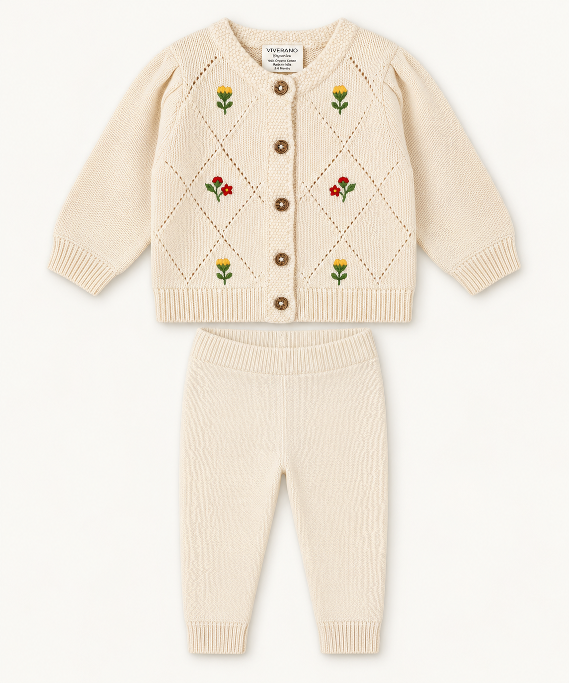 Lisa Floral Embroidered Organic Cotton Baby Cardigan & Legging Set – Ecru