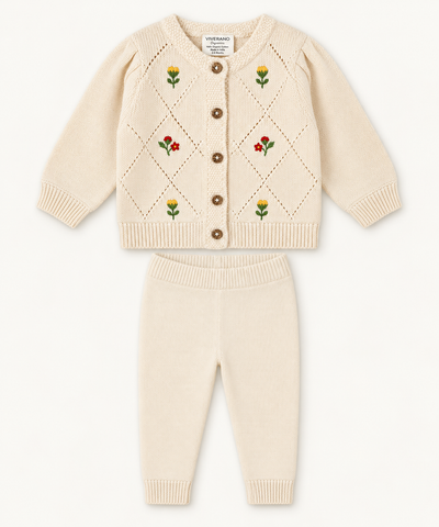 Lisa Floral Embroidered Organic Cotton Baby Cardigan & Legging Set – Ecru