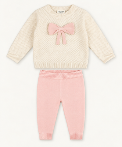 Ella Bow Organic Cotton Baby Sweater & Knit Legging Set – Ecru & Sweet Pink