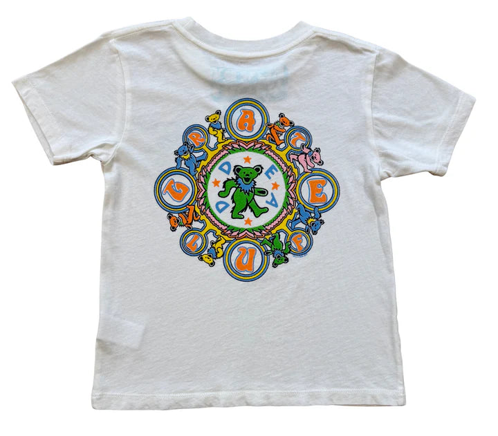 White t-shirt with a colorful graphic design featuring a bear and text on a white background