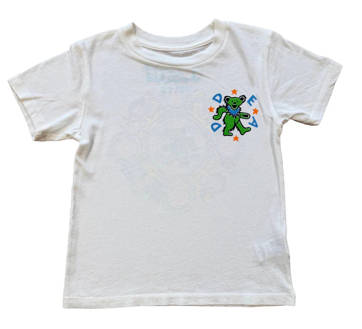 White t-shirt with a graphic design of a bear and text on a white background
