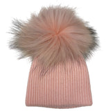 Knitted Wool RibbedHat With Fur Pom