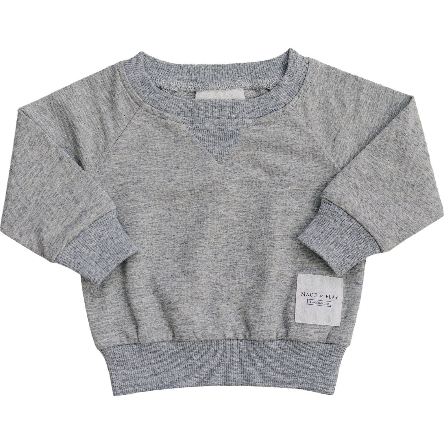 Gray sweatshirt with a brand label on a white background