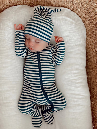 Steel Blue Stripe  Organic Ribbed Zip Footie - Twinkle Twinkle Little One