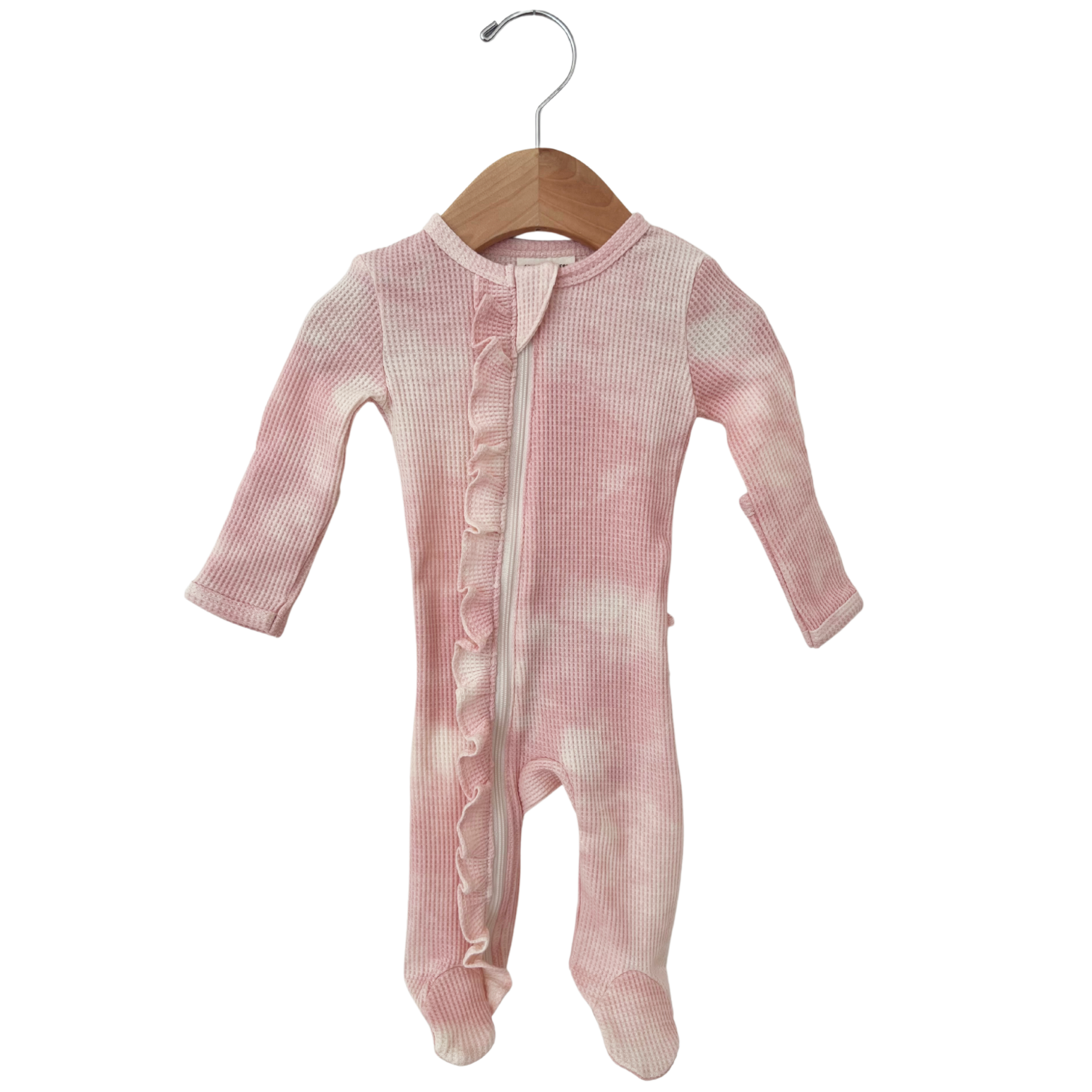 Organic Waffle Ruffle Zip Footie - Ballet Pink Tie Dye - Twinkle Twinkle Little One