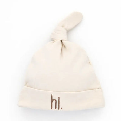 Hi. Embroidered Pecan Cotton Knit Onesie & Top Knot Hat